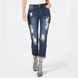 INC regular Fit  Crystal-Embellished Distressed Boyfriend Jeans, Created Size 12